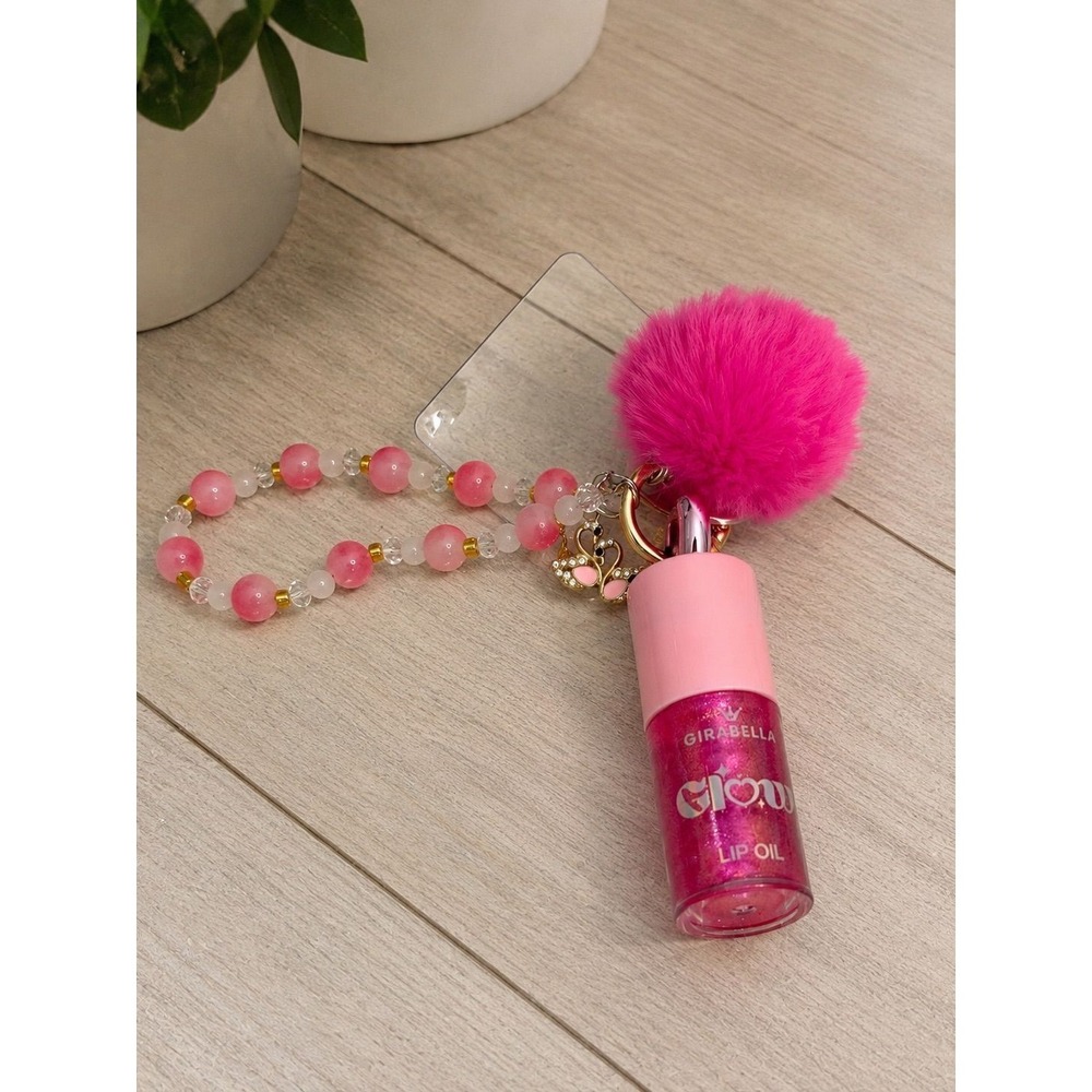 Phone Charm Accessory / Keychain w/ Glow Lip‎ Oil, Pink Pom-Pom, Beaded Wristlet